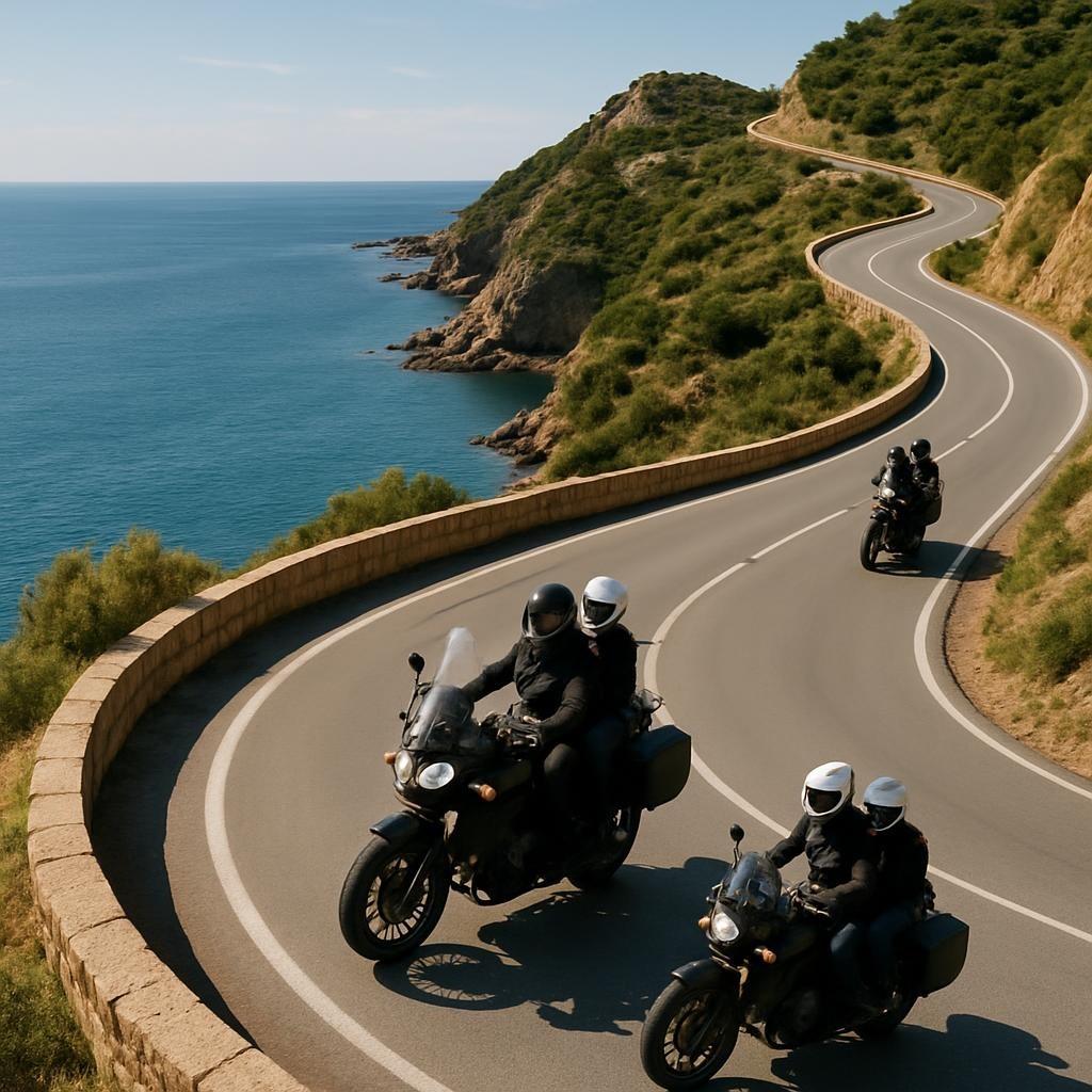 Motorcycles stopped at viewpoint overlooking Adriatic Sea