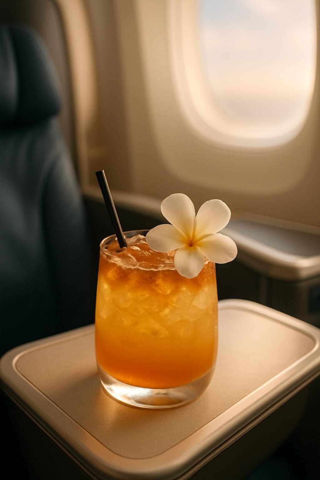 Mai Tai cocktail with small plumeria flower on rim on a business class flight to Tahiti
